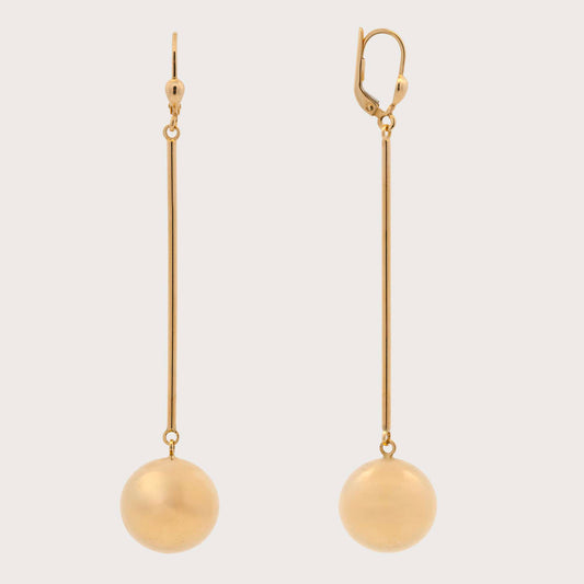 14K Yellow Gold Plain Ball Long Dangling Earring