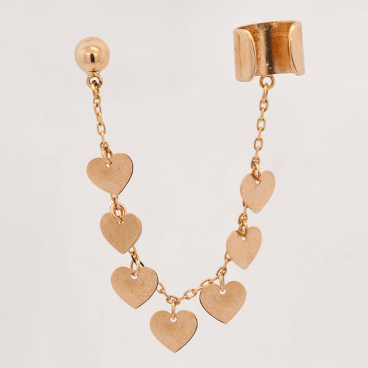 14K Yellow Gold Dangling Hearts Chain Cuff Earring