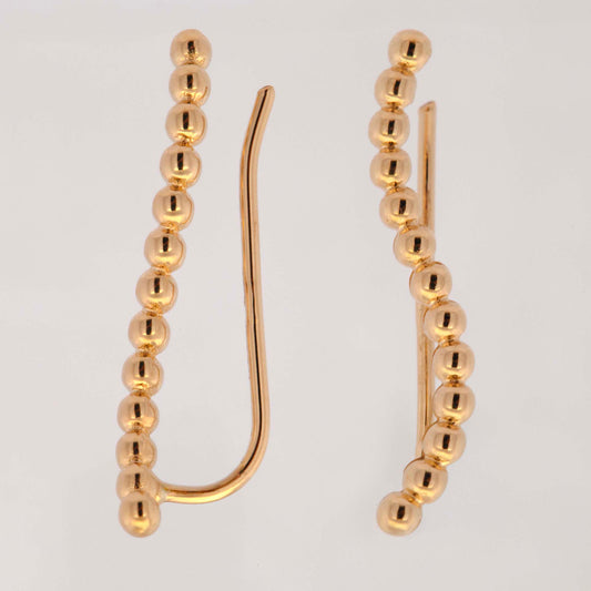 14K Yellow Gold Beads Curved Ear Climber Earring