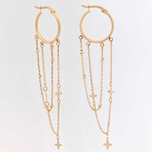 14k Yellow Gold Dangling Double Chain Hoop Earring