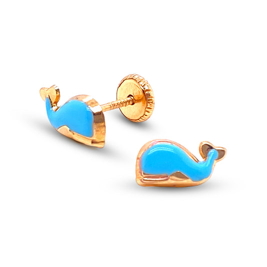 14K Yellow Gold Light Blue Whale Enamel Screwback Earrings