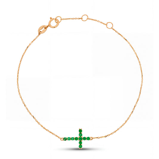14K Yellow Gold Emerald Sideway Cross Chain Bracelet