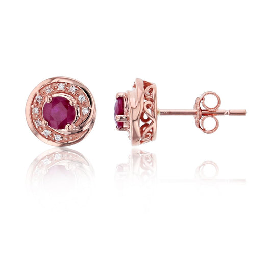14K Rose Gold Round Ruby and Diamond Stud Earrings