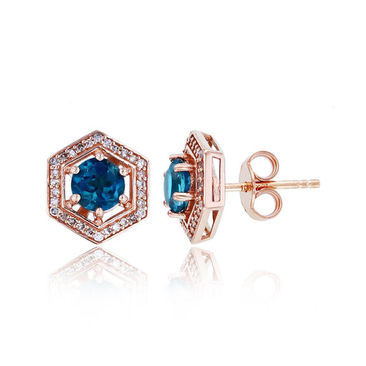 14K Rose Gold London Blue Topaz and Diamond Hexagon Pushback Earrings