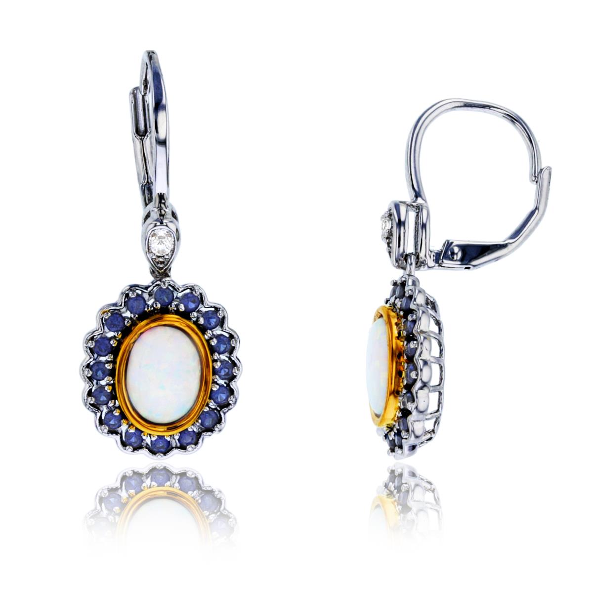 14K White Gold Opal, Blue and White Sapphire Dangling Huggie Earrings
