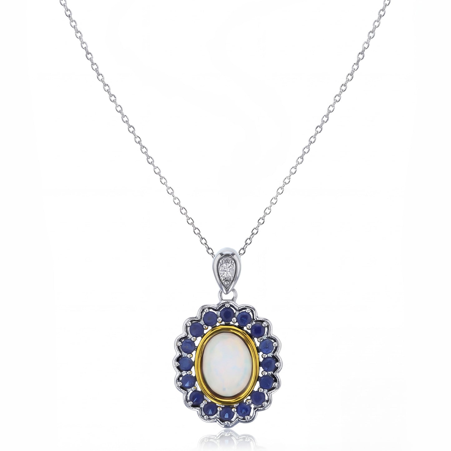 14K White Gold Blue Sapphire and Opal Pendant Necklace