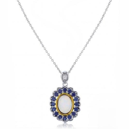 14K White Gold Blue Sapphire and Opal Pendant Necklace