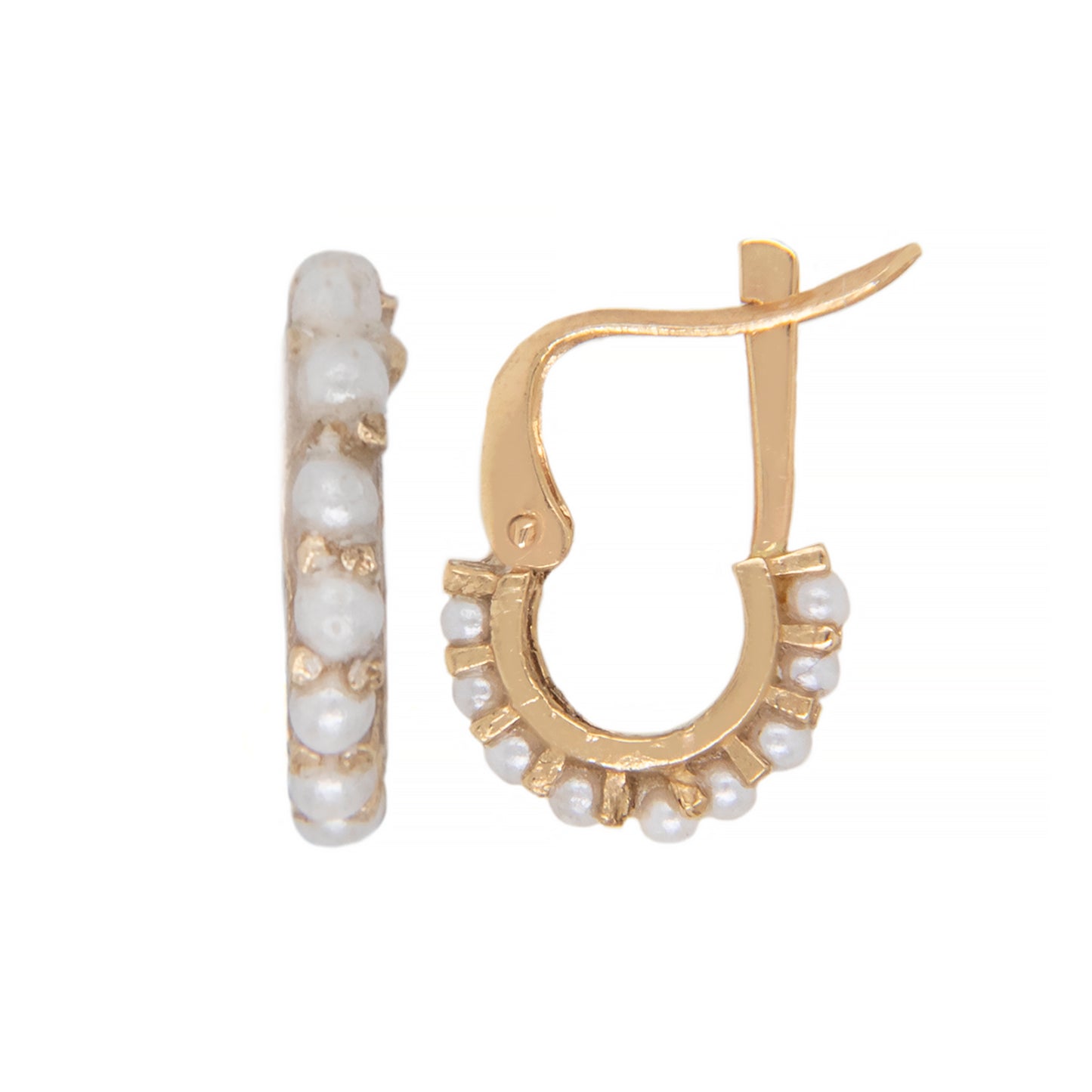 14K Yellow Gold Small Pearl Cluster Huggie Hinged Post Earrings