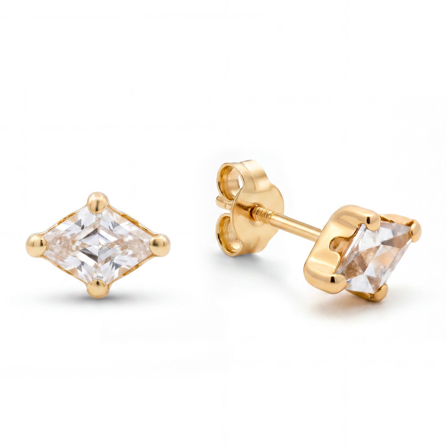 14K Yellow Gold 7mm CZ Rhombus Cut Stud Pushback Earrings