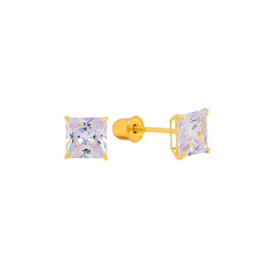 14K Yellow Gold 3mm Square CZ Screwback Earrings