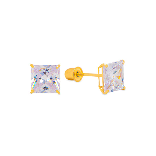 14K Yellow Gold 4mm Square CZ Screwback Earrings