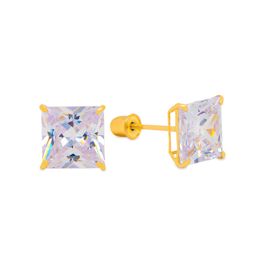 14K Yellow Gold 6mm Square CZ Screwback Earrings