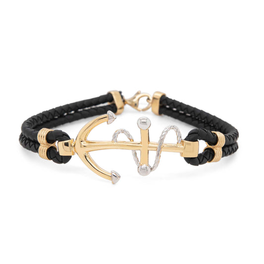 14k 2 Tones Gold Anchor Men's Leather Bracelet