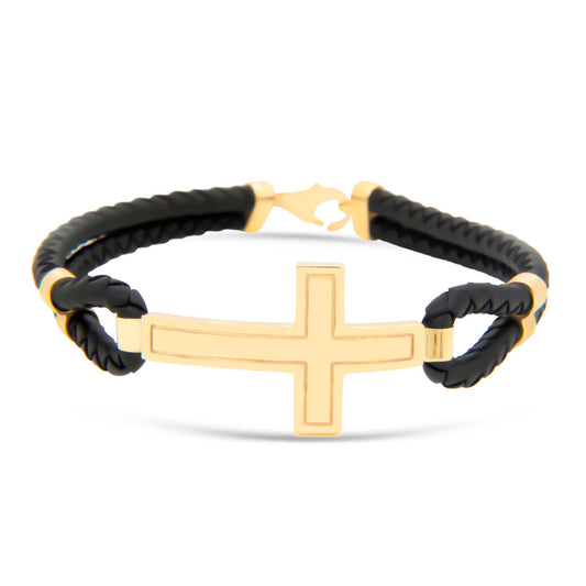 14k Yellow Gold Sideways Cross Men's Leather Bracelet-1