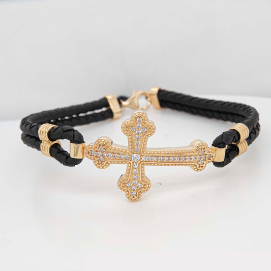 14k Yellow Gold CZ Sideways Cross Men's Leather Bracelet