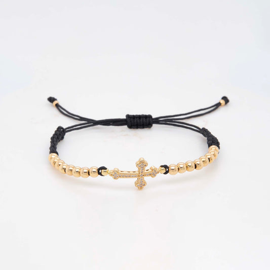 14k Yellow Gold CZ Sideways Cross Beaded Men's Leather Bracelet