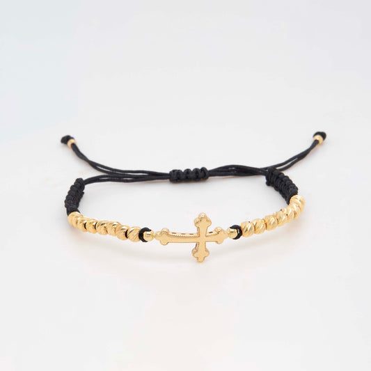 14k Yellow Gold Sideways Cross Beaded Men's Leather Bracelet