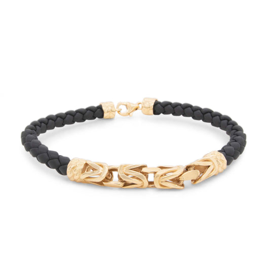 14k Yellow Gold Byzantine Men's Leather Bracelet
