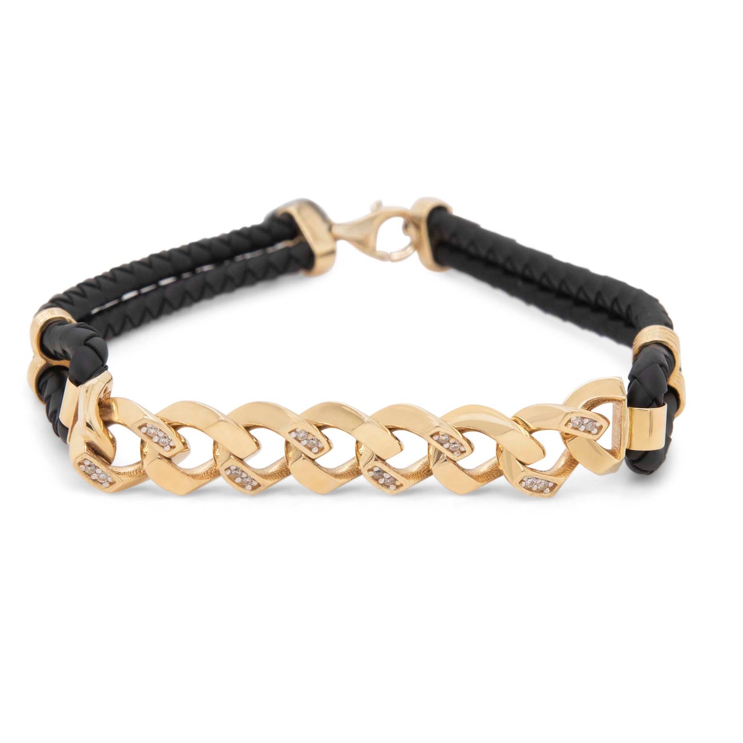 14k Yellow Gold Cuban Link Men's Leather Bracelet