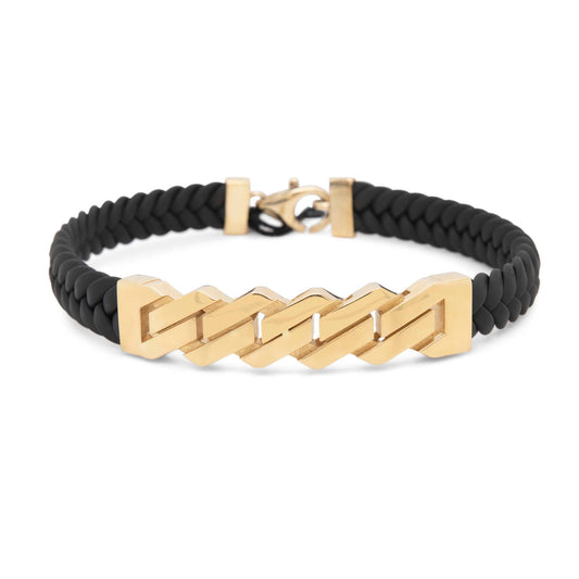 14k Yellow Gold Cuban Link Men's Leather Bracelet-1