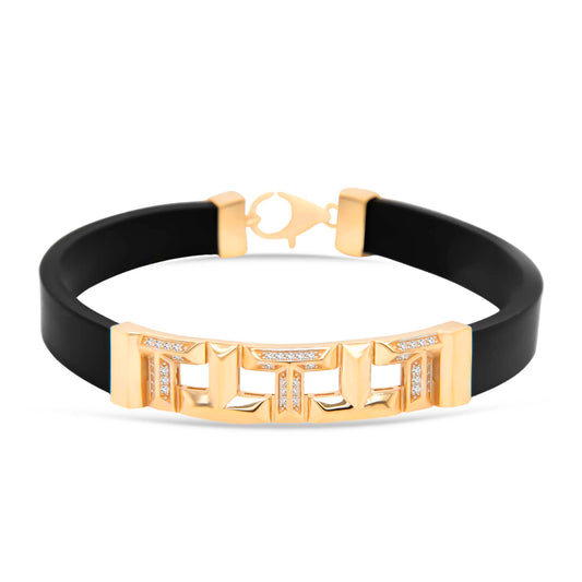14k Yellow Gold Square Pattern Men's Leather Bracelet