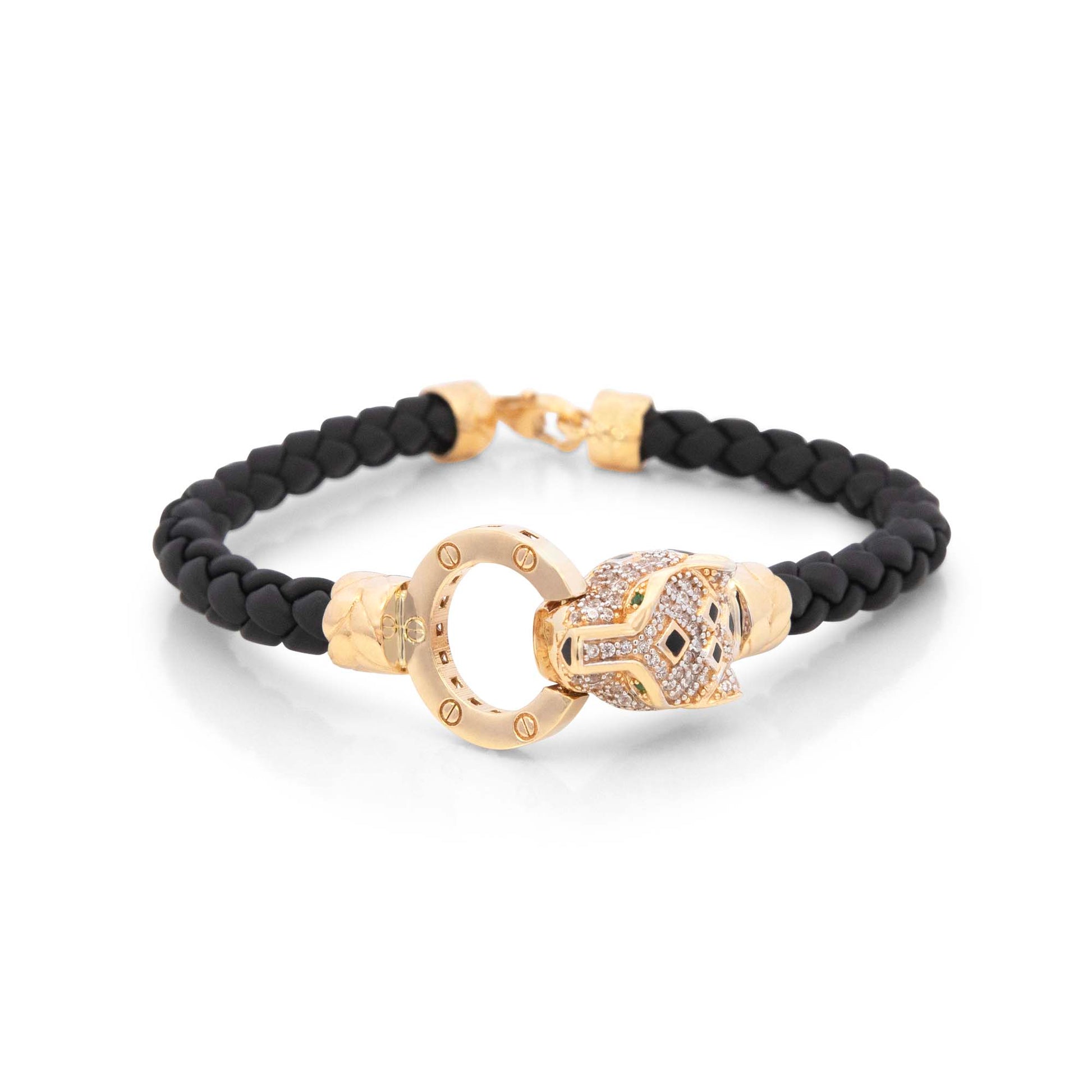 14k Yellow Gold Panther's Head Men's Leather Bracelet