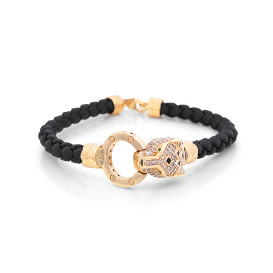 14k Yellow Gold Panther's Head Men's Leather Bracelet