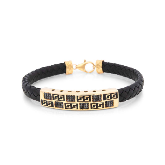 14k Yellow Gold  Black Greek Pattern Men's Leather Bracelet