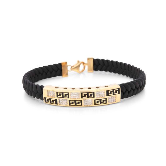 14k Yellow Gold  White Greek Pattern Men's Leather Bracelet