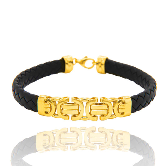 14k Yellow Gold Pattern Men's Leather Bracelet