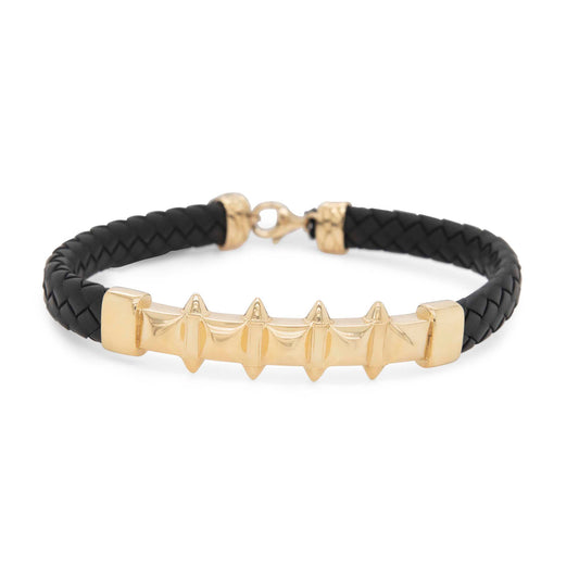 14k Yellow Gold Spikes Men's Leather Bracelet