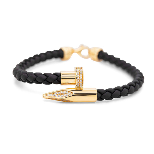 14k Yellow Gold CZ Nail Men's Leather Bracelet