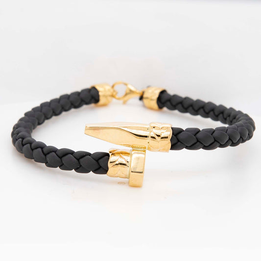 14k Yellow Gold Nail Men's Leather Bracelet