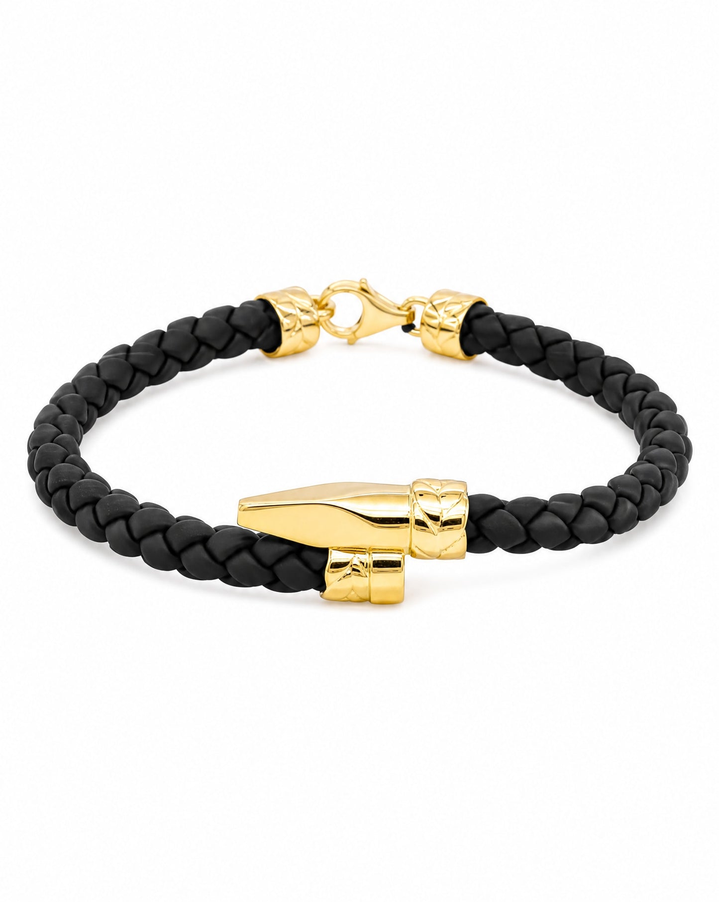 14k Yellow Gold Nail Men's Leather Bracelet