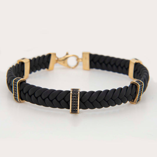 14k Yellow Gold Black CZ Bars Men's Leather Bracelet