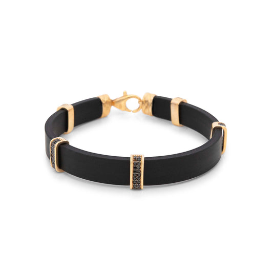 14k Yellow Gold Black CZ Bars Smooth Men's Leather Bracelet
