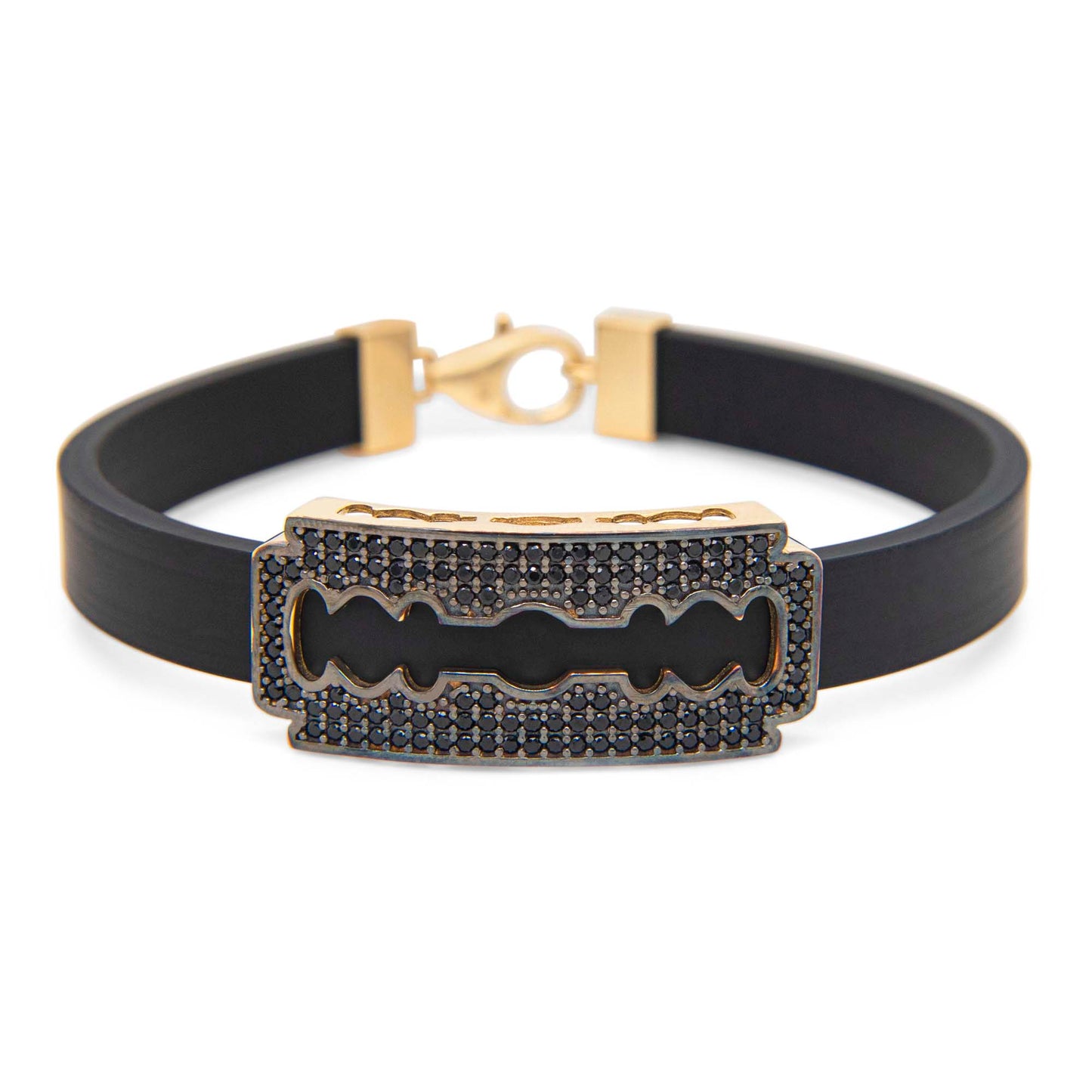 14k Yellow Gold Black CZ Blade Men's Leather Bracelet