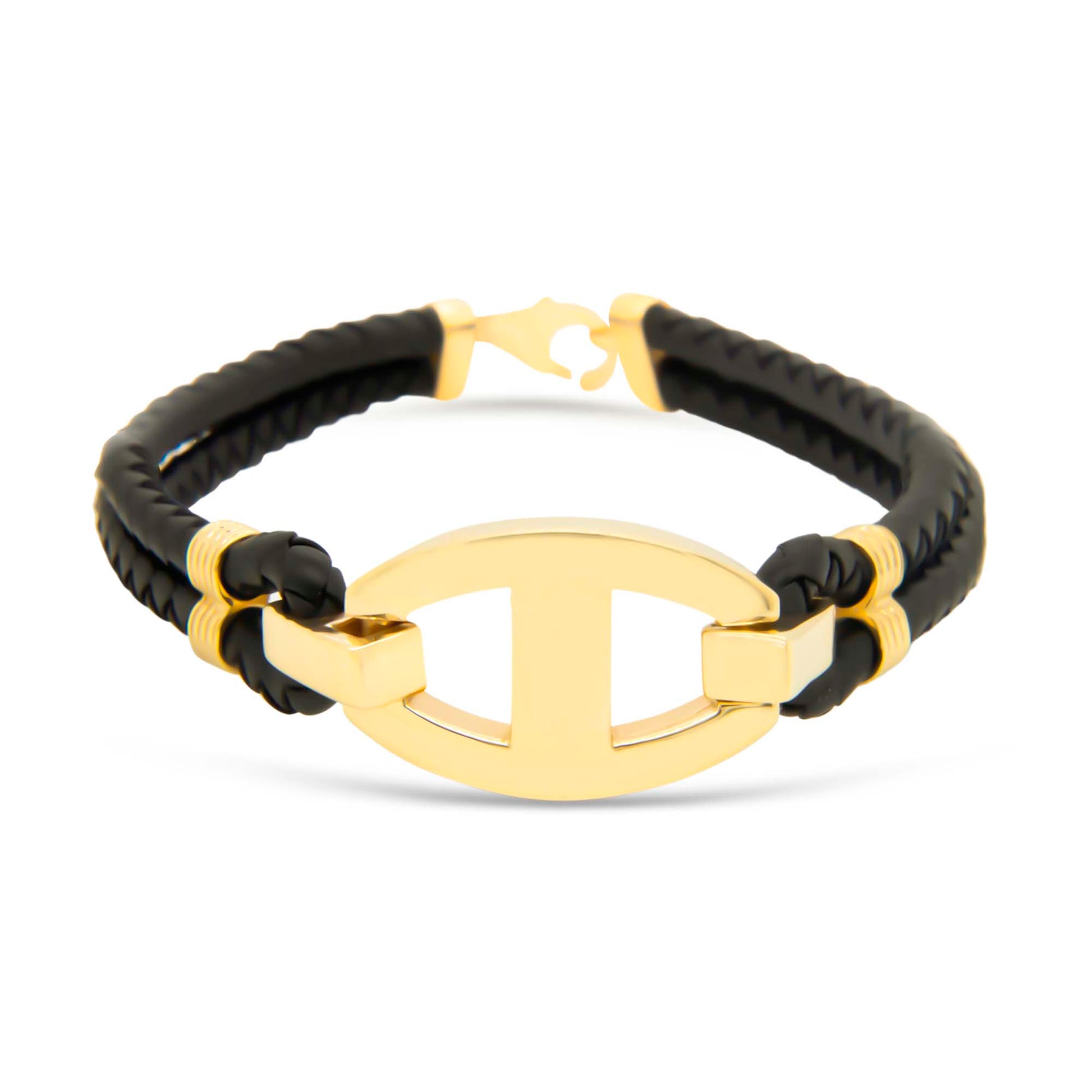 14k Yellow Gold Marina Link Men's Leather Bracelet