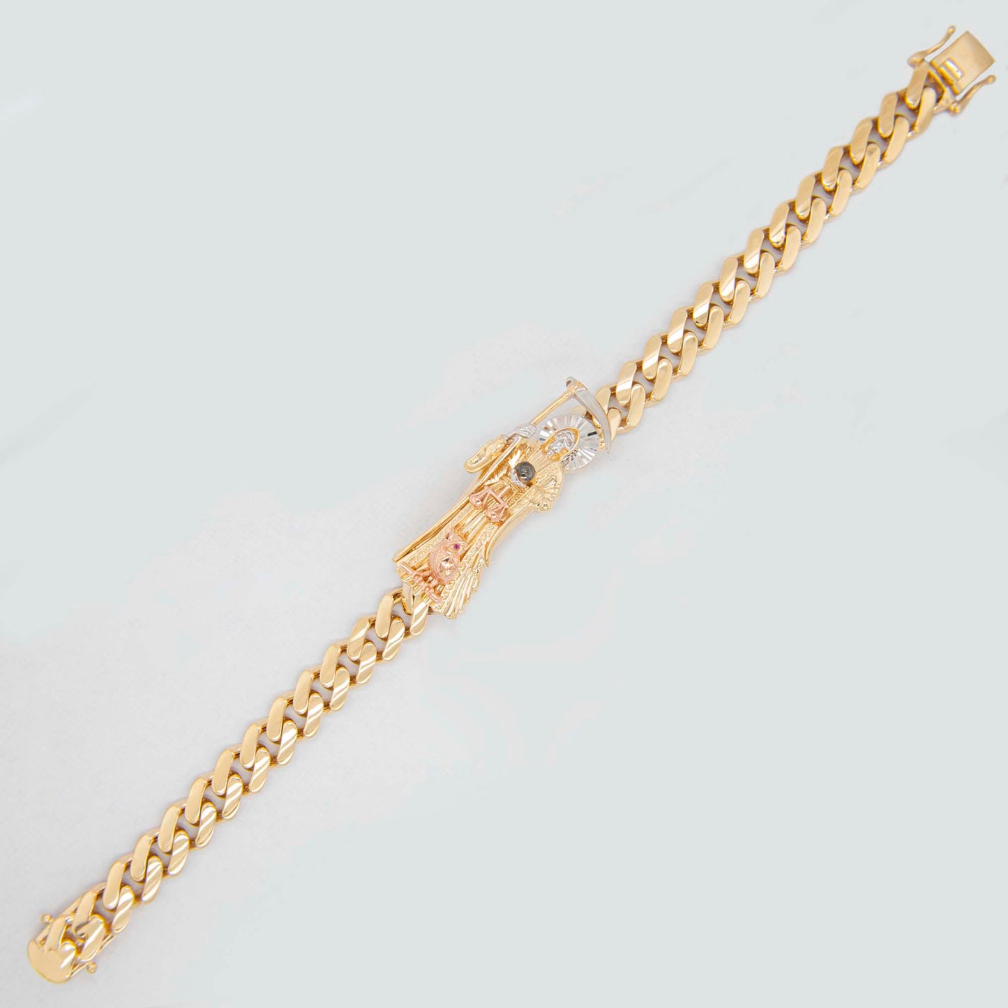 14k Tri Color Gold 6mm 8in Santa Muerte Men's Bracelet