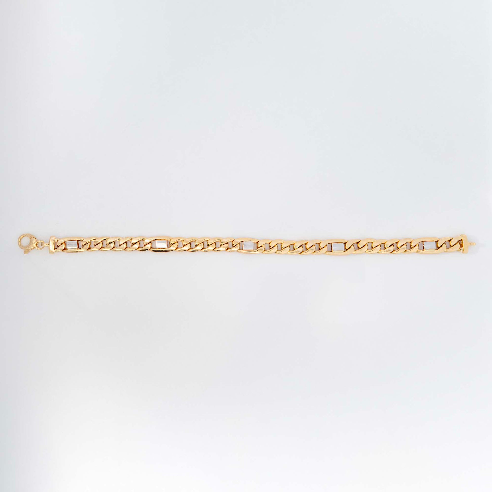 14k 2 Tones Gold White Bars on Cuban Link Thick Bracelet