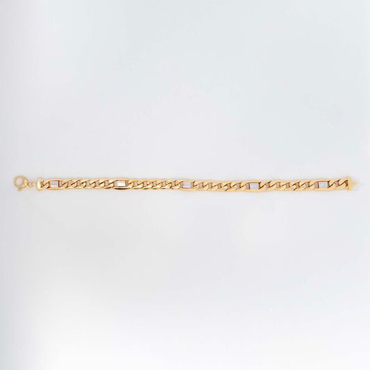 14k 2 Tones Gold White Bars on Cuban Link Thick Bracelet