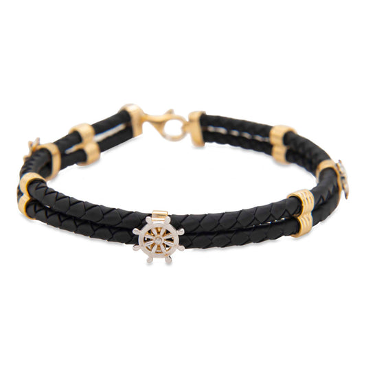 14k Yellow Gold Boat Steering Wheel Men's Leather  Bracelet