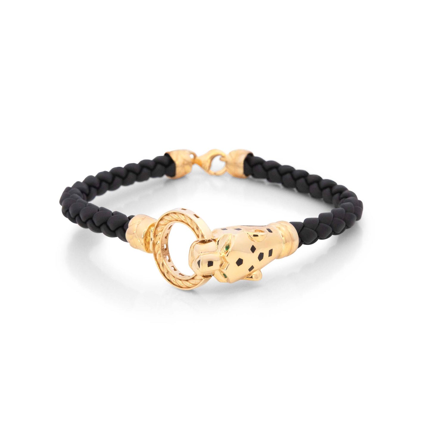 14k Yellow Gold Panther's Head Men's Leather Bracelet-1