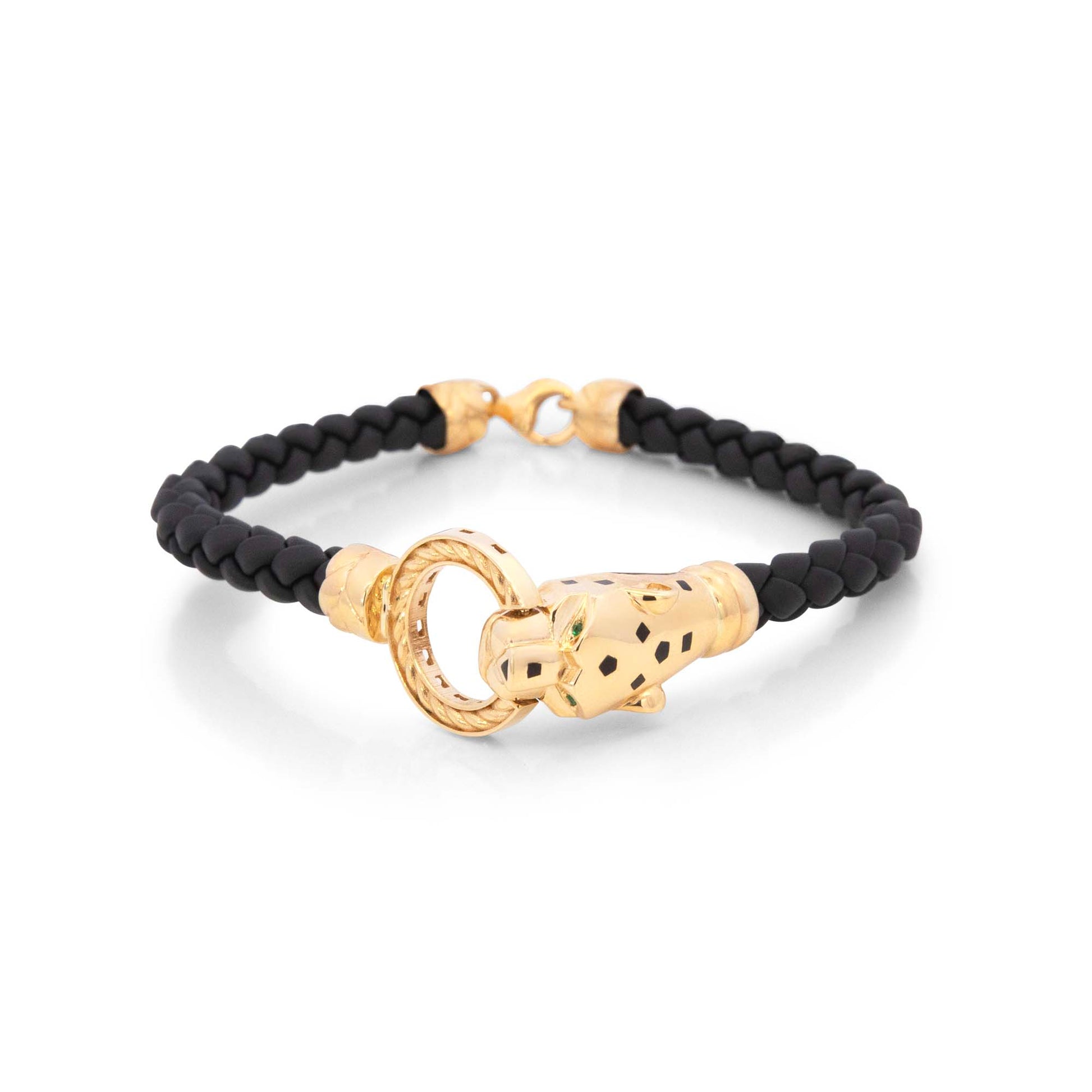 14k Yellow Gold Panther's Head Men's Leather Bracelet-1