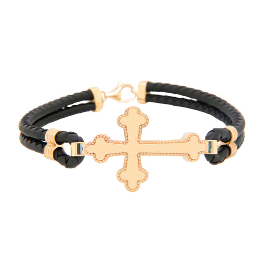 14k Yellow Gold Sideways Cross Men's Leather Bracelet
