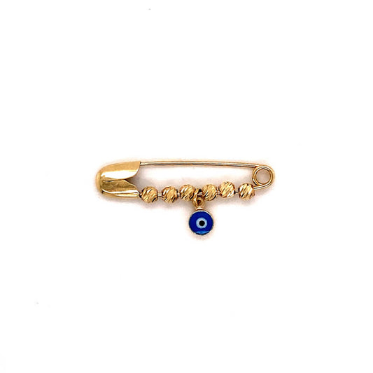 14k Yellow Gold Blue Evil Eye Safety Pin