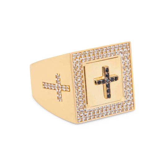 14K Yellow Gold Black CZ Cross with White CZ Accents Men's Ring