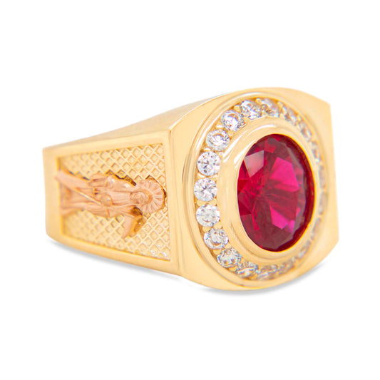 14K Yellow Gold Square "San Judas" Red Stone Men's Ring