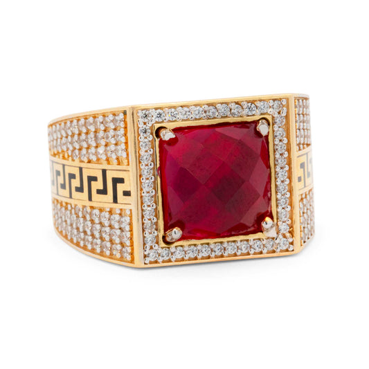 14K Yellow Gold Red Square Stone with CZ Men's Ring