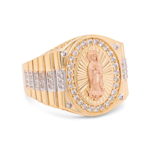 14K Tri-Color Diamond Cut Guadalupe with CZ Men's Ring